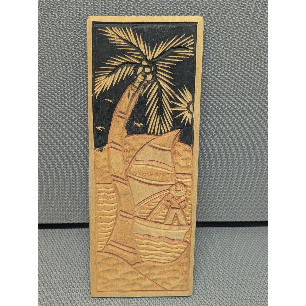 VTG Hand Carved Wood Tropical Palm Tree Sailboat Wall Plaque Art Relief Portugal
